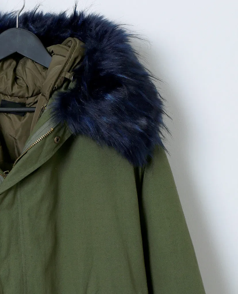 Toasty and Cute Anorak Coat - Olive/Royal