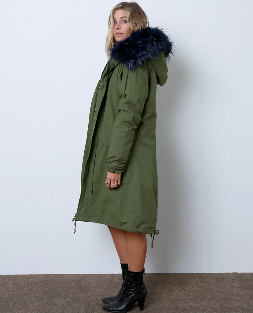 Toasty and Cute Anorak Coat - Olive/Royal