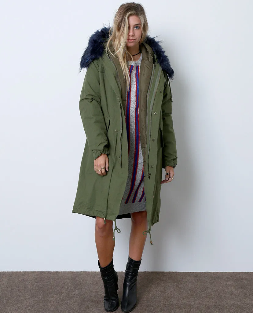 Toasty and Cute Anorak Coat - Olive/Royal