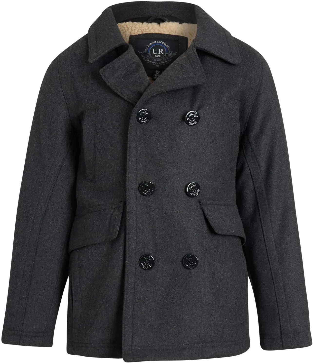URBAN REPUBLIC Boys' Peacoat - Double Breasted Mixed Wool Dress Coat with Soft Faux Fur Lining and Flap Pockets (Sizes: 4-20)