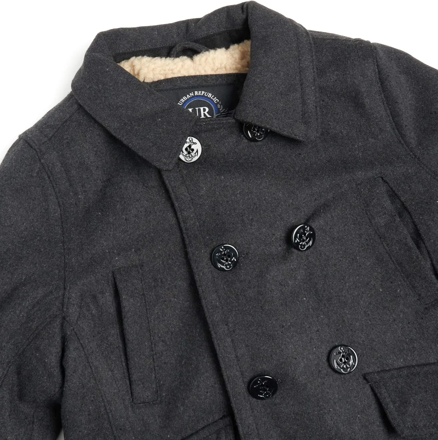 URBAN REPUBLIC Boys' Peacoat - Double Breasted Mixed Wool Dress Coat with Soft Faux Fur Lining and Flap Pockets (Sizes: 4-20)