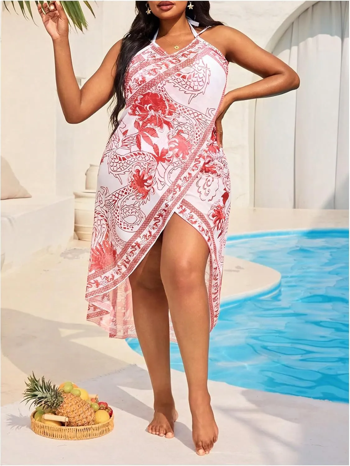 Verdusa Women's Plus Size Sarong Wraps Floral Bathing Suit Cover Up Asymmetrical Sleeveless Dress