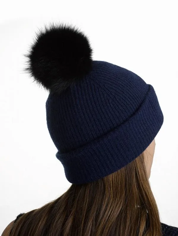 White   Warren - Fur Pom Pom Rib Beanie
