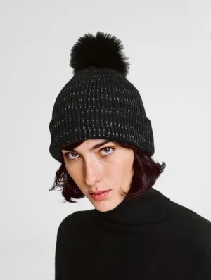 White   Warren - Fur Pom Pom Spacedye Rib Beanie Black Spacedye