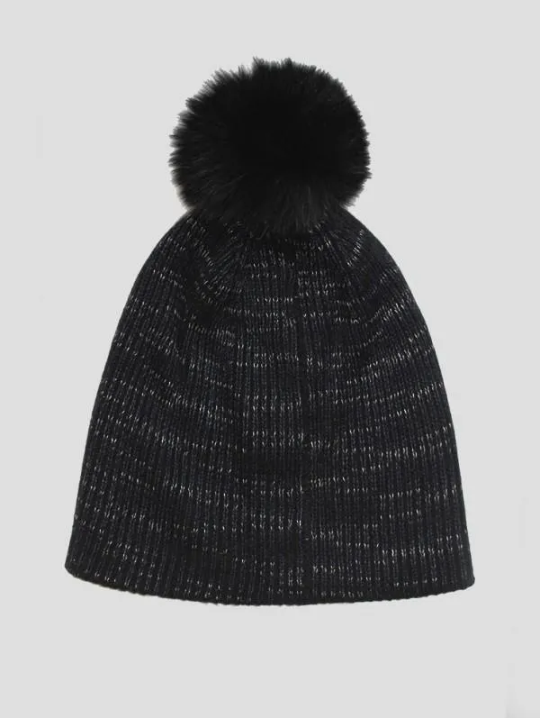 White   Warren - Fur Pom Pom Spacedye Rib Beanie Black Spacedye