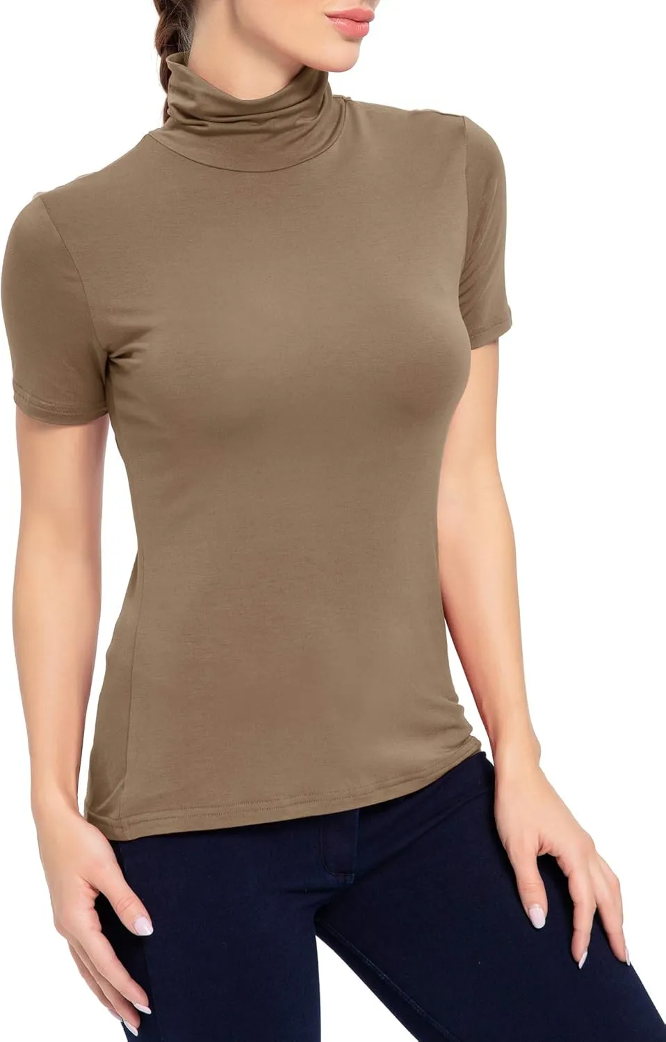Women's Mock Turtleneck Top Short Sleeve Lightweight Active T-Shirt (S-XXL)