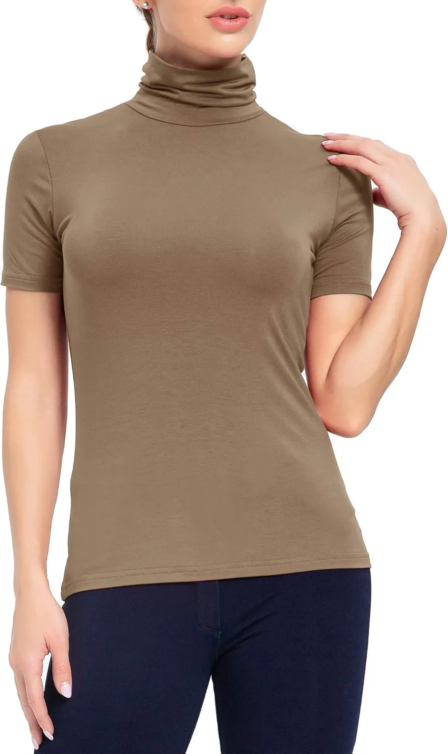 Women's Mock Turtleneck Top Short Sleeve Lightweight Active T-Shirt (S-XXL)